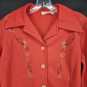 Vintage Miss Colebrook Shirt Womens 10 Orange Embroidered Button Front Retro 70s